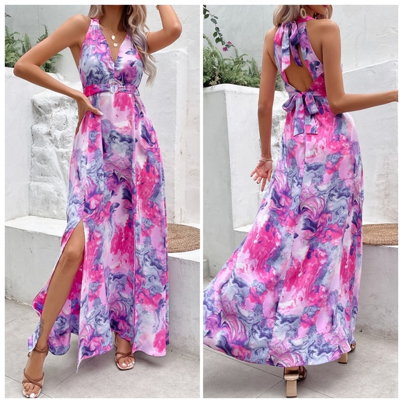 Pink Printed Open Back Slit Dress - Picture 1 of 8